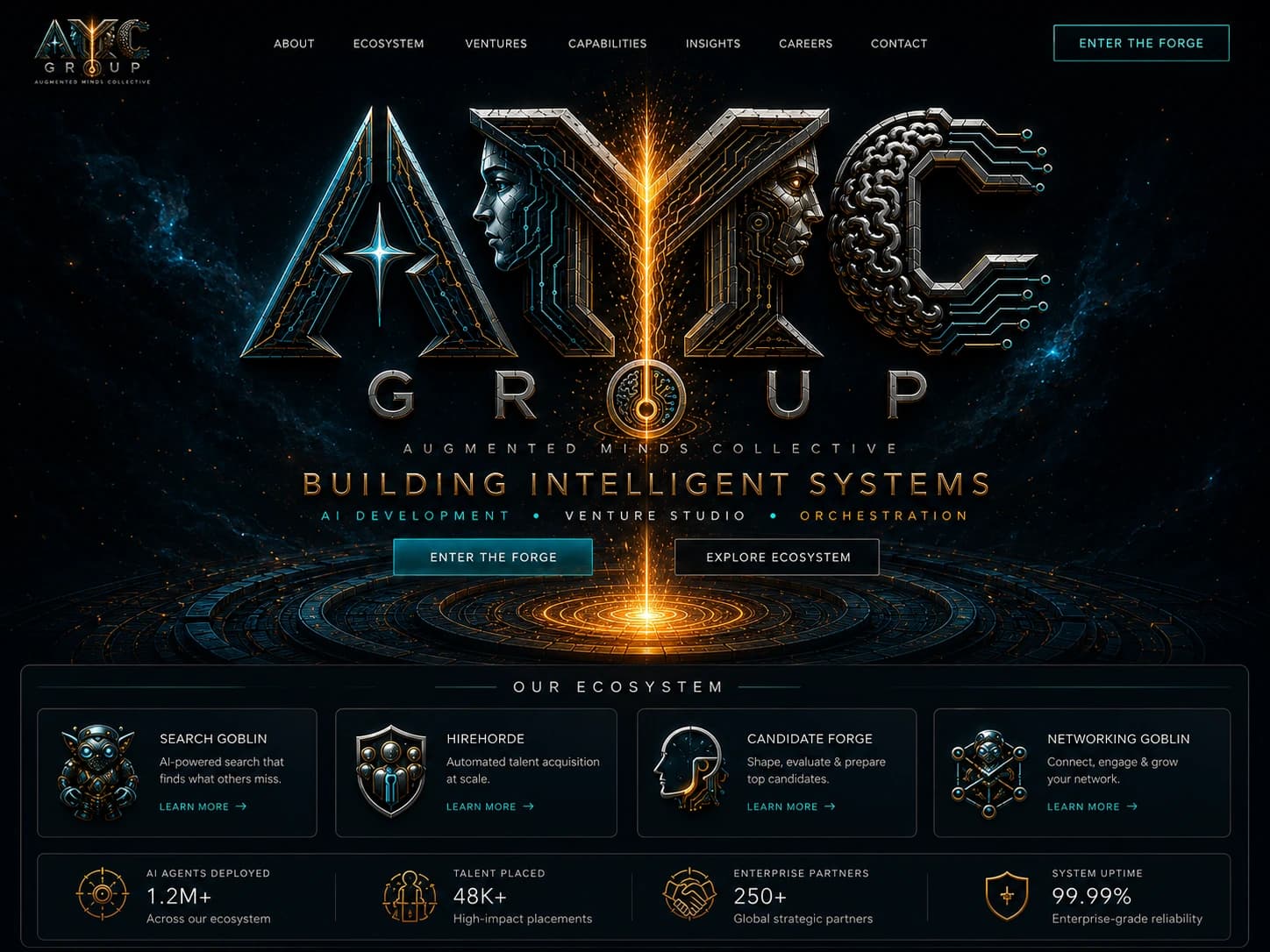 AMC Group cinematic website showing the Forge, the AMC ecosystem, and four intelligent systems.